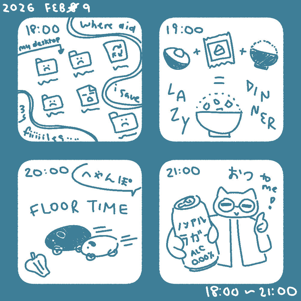 18:00 - my desktop full of folders & files: "where did i save my fiiiiiles....". 19:00 - avocado + sliced cheese + rice = avocado cheese rice: LAZY DINNER. 20:00 - two guinea pigs racing for a bell pepper: FLOOR TIME / へやんぽ. 21:00 - me with a thumbs up & holding a can of non-alcoholic lager: おつ (otsu) to me!