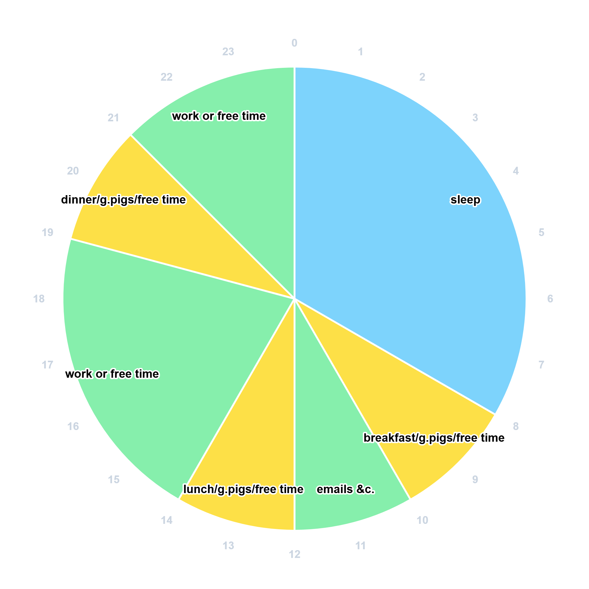 npckc daily schedule. 0-8: sleep, 8-10: breakfast/guinea pigs/free time, 10-12: emails &c., 12-14: lunch/guinea pigs/free time, 14-19: work or free time, 19-21: dinner/guinea pigs/free time, 21-24: work or free time