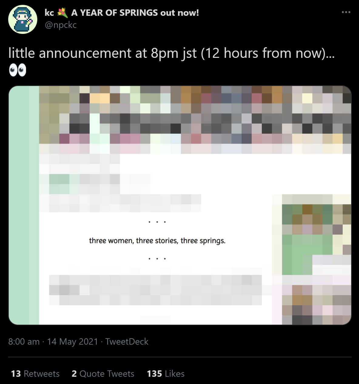 tweet that says little announcement at 8pm jst with a pixellated image of the itch page