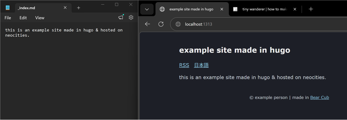 _index.md file that only says 'this is an example site made in hugo & hosted on neocities.' & the site showing that text _index.md file that only says 'this is an example site made in hugo & hosted on neocities.' & the site showing that text